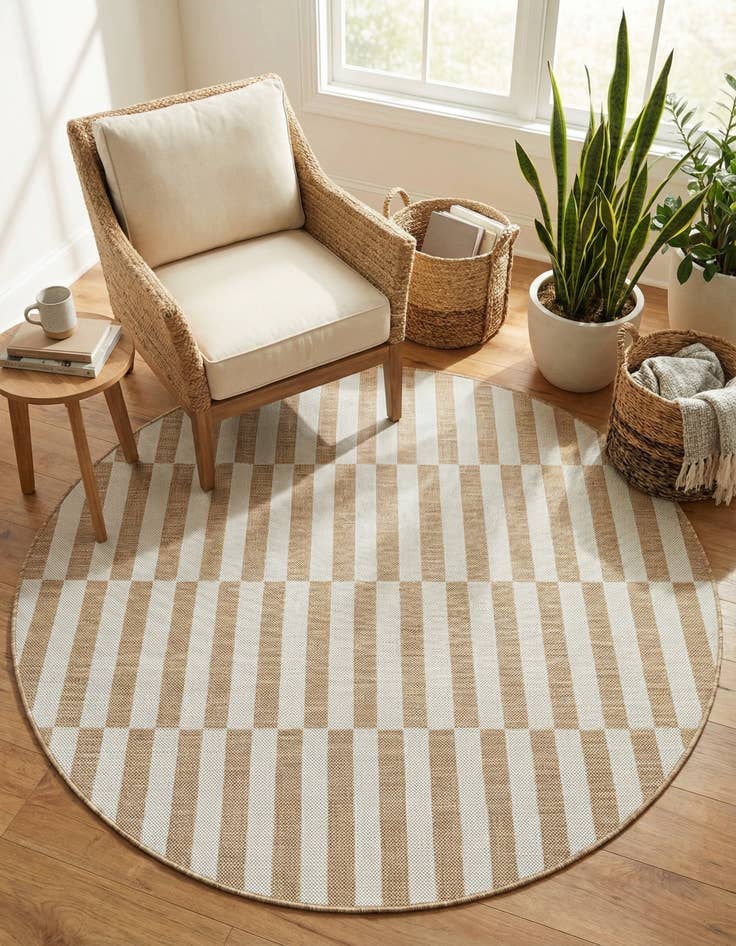 Detail image of 5' 3 x 5' 3  Washable Striped Indoor / Outdoor Round Rug
