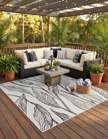 Charcoal Ivory Easy-Clean Botanical Indoor / Outdoor Square Rug