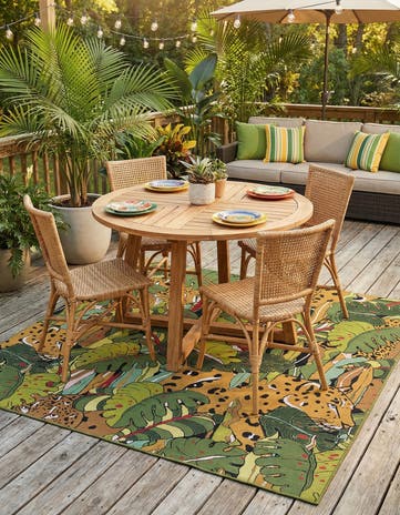 Green Easy-Clean Botanical Indoor / Outdoor Square Rug
