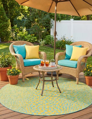 Yellow and Aqua Easy-Clean Jill Zarin Cape Town Indoor / Outdoor Round Rug