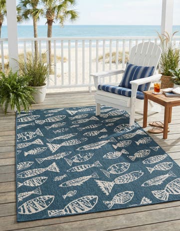 Blue Easy-Clean Coastal Indoor / Outdoor Rug