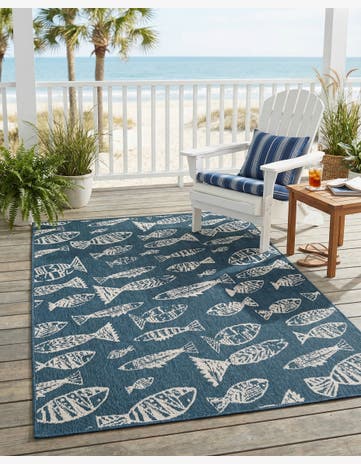 Blue Easy-Clean Coastal Indoor / Outdoor Rug