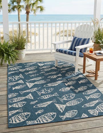 Blue Easy-Clean Coastal Indoor / Outdoor Rug