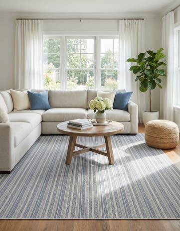 Light Blue Easy-Clean Ribbon Indoor / Outdoor Square Rug