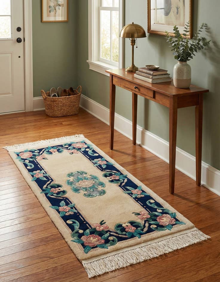 Detail image of 2' 1 x 4' 4 Hand Knotted Carved Pekin Wool Runner Rug