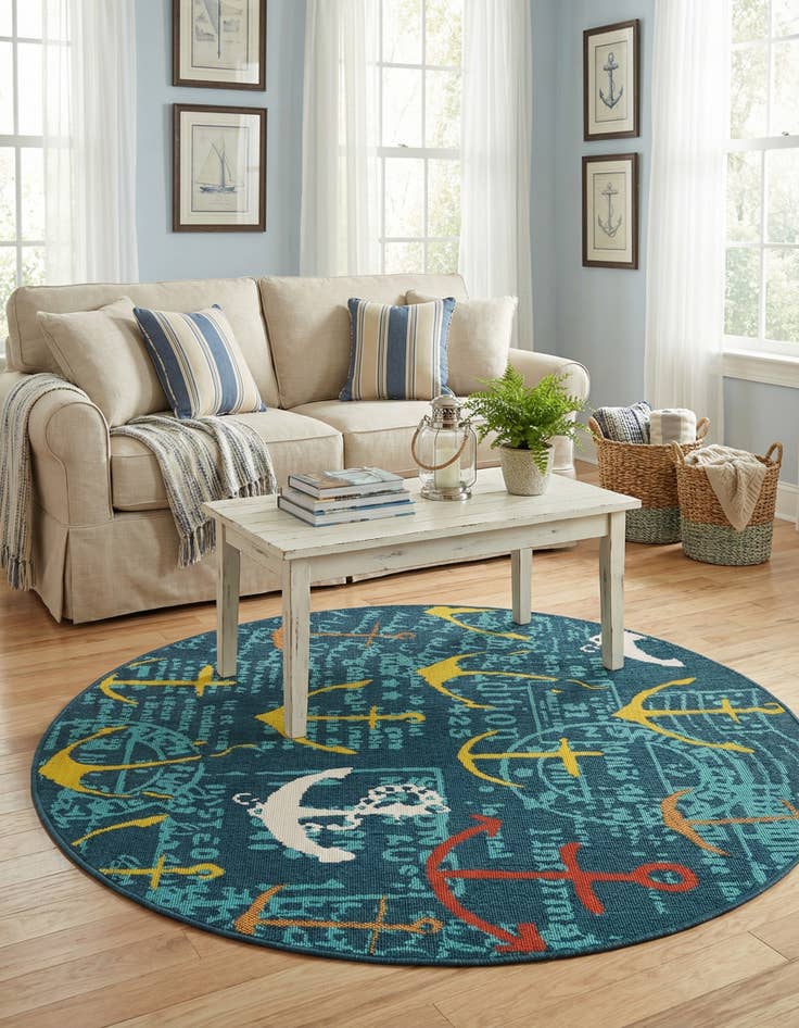 Detail image of 5' x 5'  Washable Coastal Indoor / Outdoor Round Rug