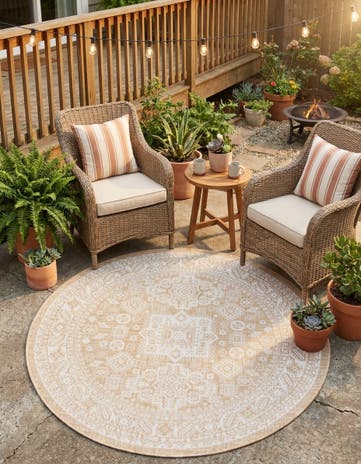 Natural Easy-Clean Aztec Indoor / Outdoor Round Rug