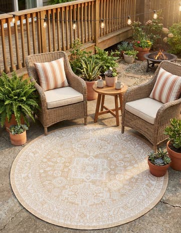 Natural Easy-Clean Aztec Indoor / Outdoor Round Rug