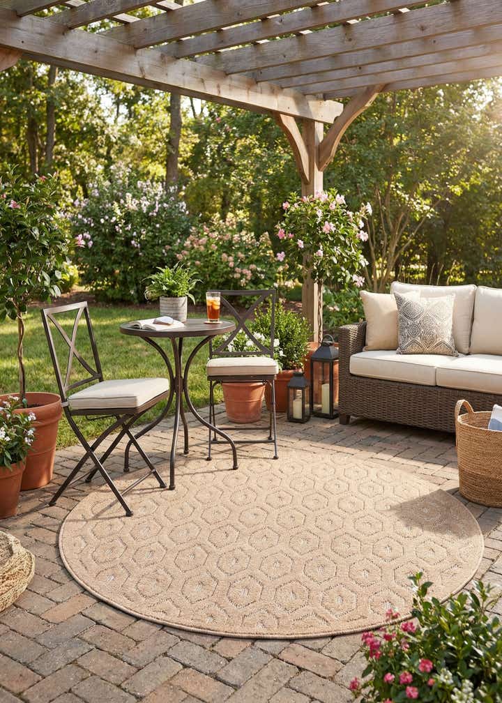 5' 3 x 5' 3 Easy-Clean Trellis Textured Indoor / Outdoor Round Rug