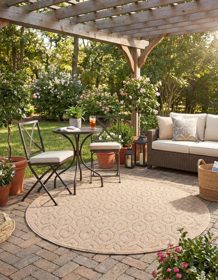 Detail image of 5' 3 x 5' 3 Easy-Clean Trellis Textured Indoor / Outdoor Round Rug