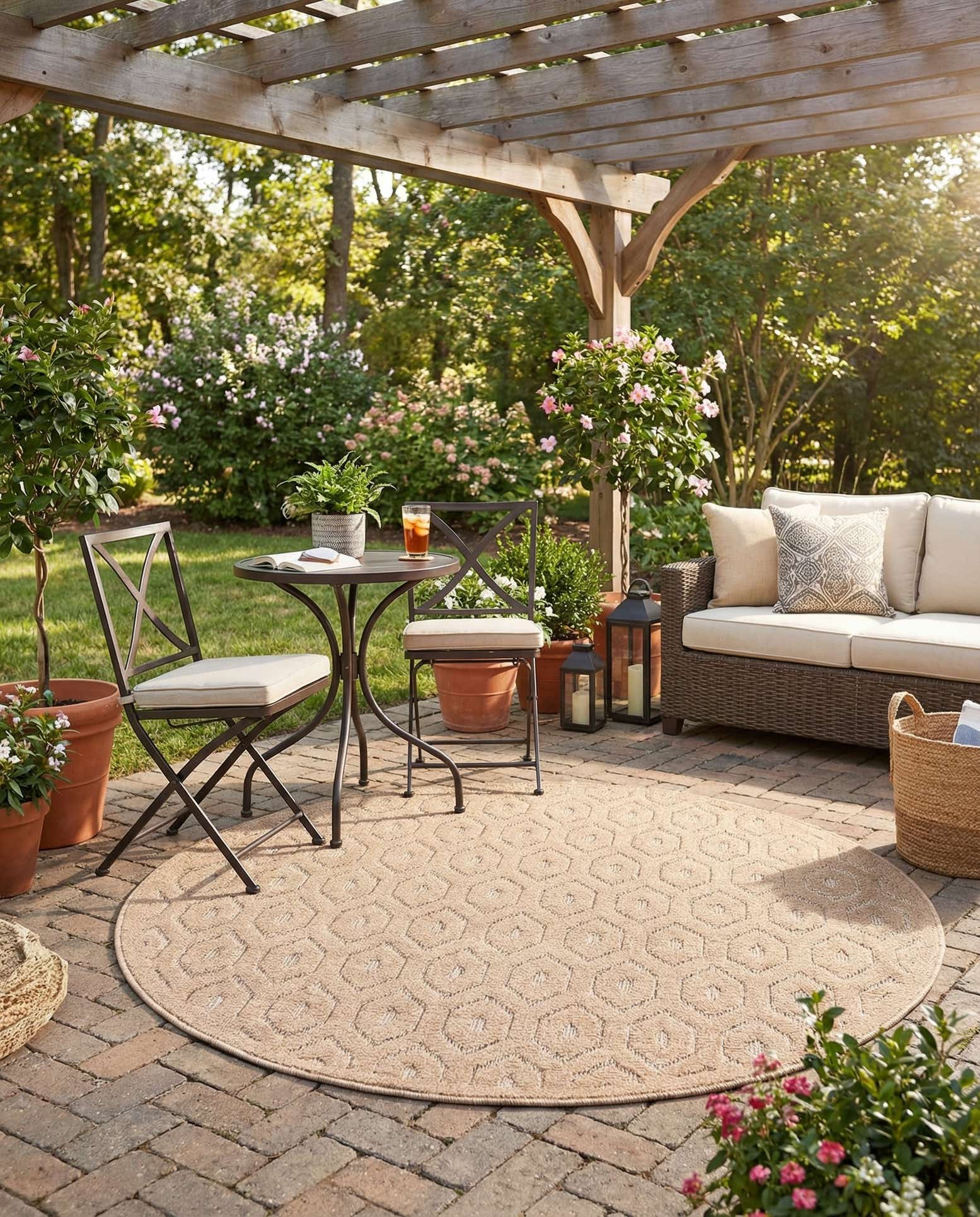 5' 3 x 5' 3 Easy-Clean Trellis Textured Indoor / Outdoor Round Rug