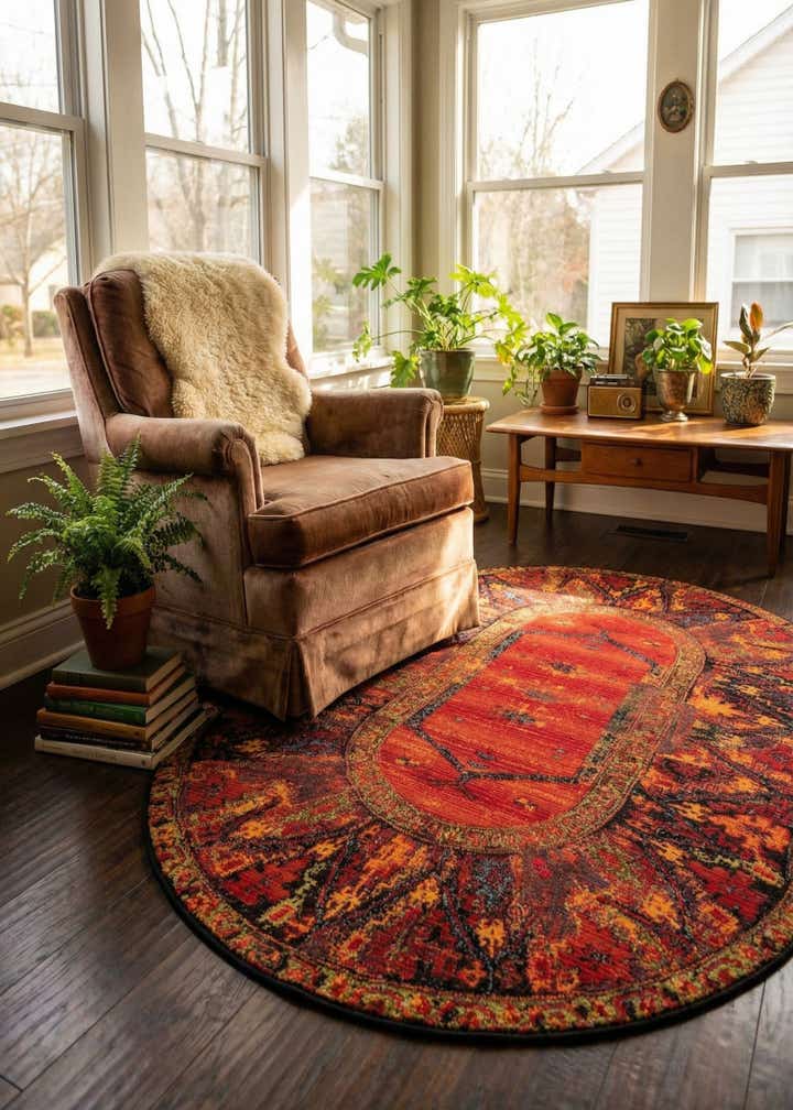 5' 3 x 8' Easy-Clean Tribal Indoor / Outdoor Oval Rug