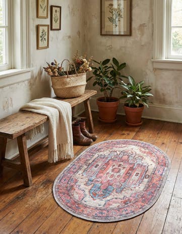 Beige Washable Maahru Oval Rug
