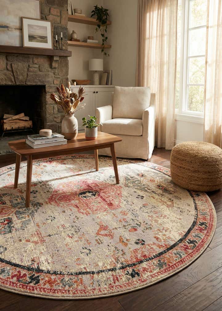 7' 10 x 7' 10 Easy-Clean Traditional Indoor / Outdoor Round Rug