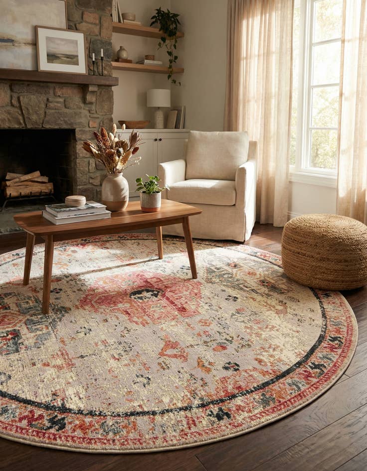 Detail image of 7' 10 x 7' 10  Washable Traditional Indoor / Outdoor Round Rug