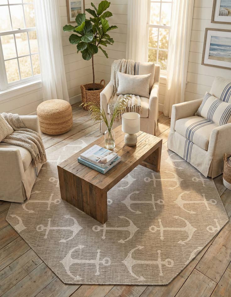 Detail image of 7' 10 x 7' 10  Washable Coastal Indoor / Outdoor Octagon Rug