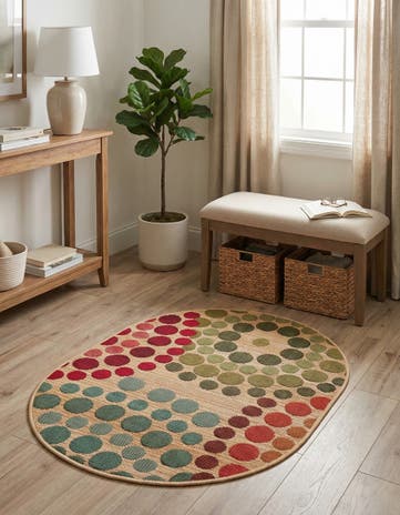 Beige Easy-Clean Modern Indoor / Outdoor Oval Rug