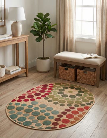 Beige Easy-Clean Modern Indoor / Outdoor Oval Rug