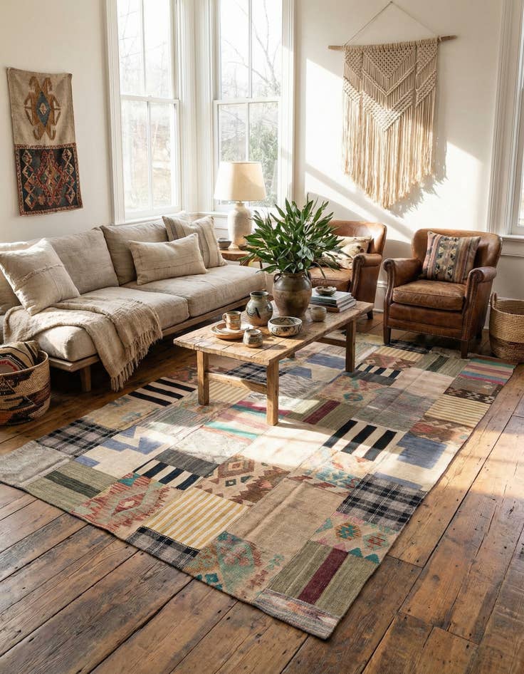 Detail image of  6' 6 x 10'  Hand Woven Kilim Patchwork Wool Rug