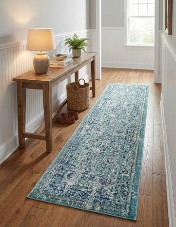 Light Blue Washable Fleur Runner Rug