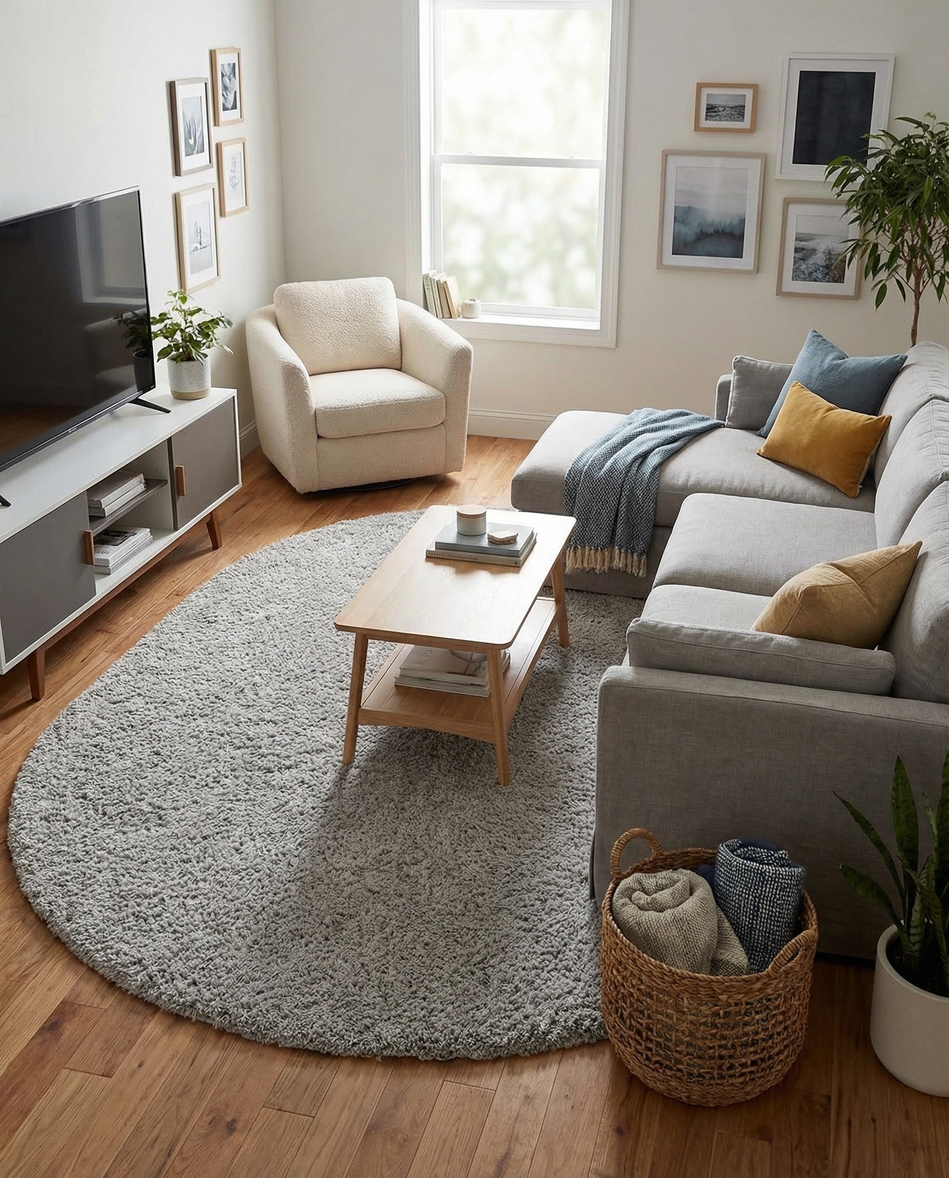 A soft, plush 7' 10 x 10' 0 oval shag rug in a solid light gray color, perfect for a cozy living room or bedroom.
