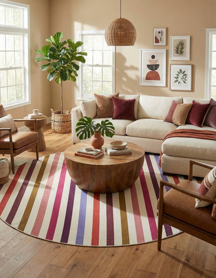 Detail image of 10' x 10'  Washable Striped Indoor / Outdoor Round Rug