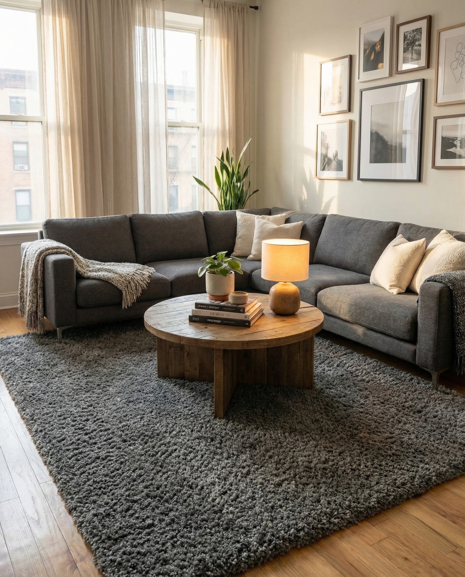 A rectangular 8x10 gray shag rug with a thick, textured pile, perfect for a modern living room.