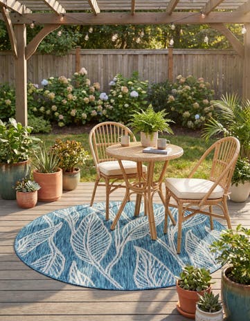Teal Easy-Clean Botanical Indoor / Outdoor Round Rug