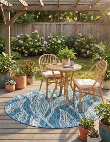 Teal Easy-Clean Botanical Indoor / Outdoor Round Rug