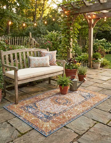 Navy Blue and Light Pink Easy-Clean Traditional Indoor / Outdoor Rug