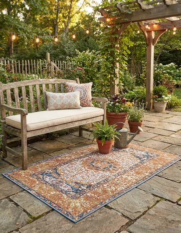 Navy Blue and Light Pink Easy-Clean Traditional Indoor / Outdoor Rug