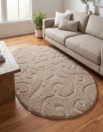Beige Botanical Shag Oval Rug