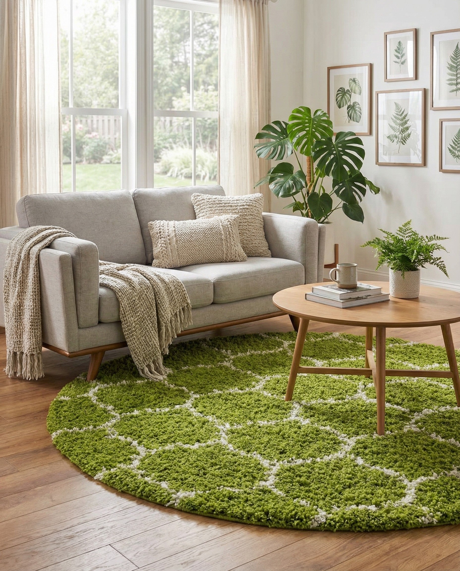 A vibrant green round shag rug with a white modern lattice pattern, featuring a textured high/low pile.