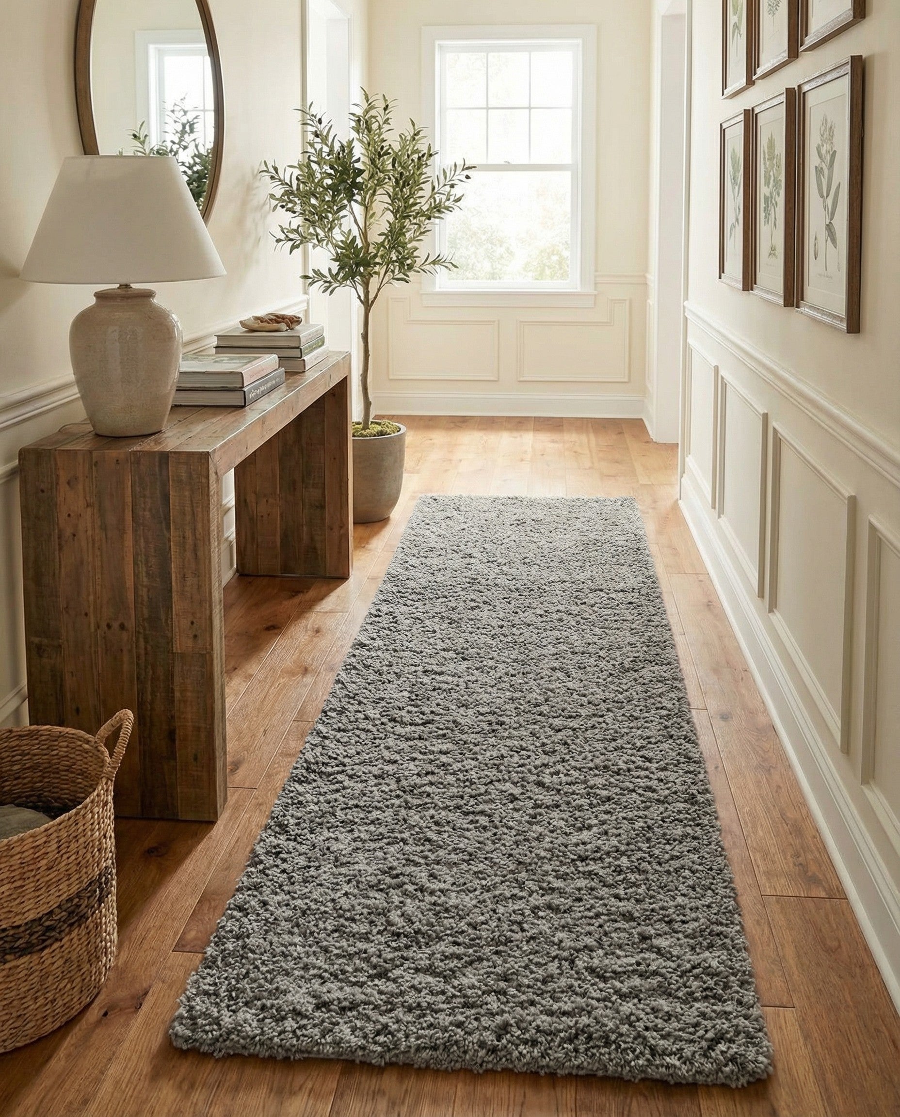 A long, rectangular 20 ft runner rug from the Rugs.com Solid Shag collection, featuring a thick, textured gray shag pile, ideal for a hallway.