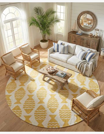 Yellow Easy-Clean Coastal Indoor / Outdoor Round Rug