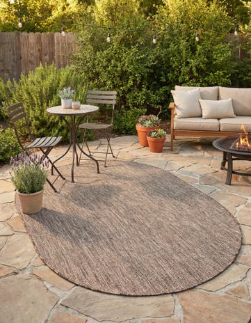 Light Brown Easy-Clean Solid Indoor / Outdoor Oval Rug