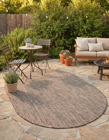 Light Brown Easy-Clean Solid Indoor / Outdoor Oval Rug