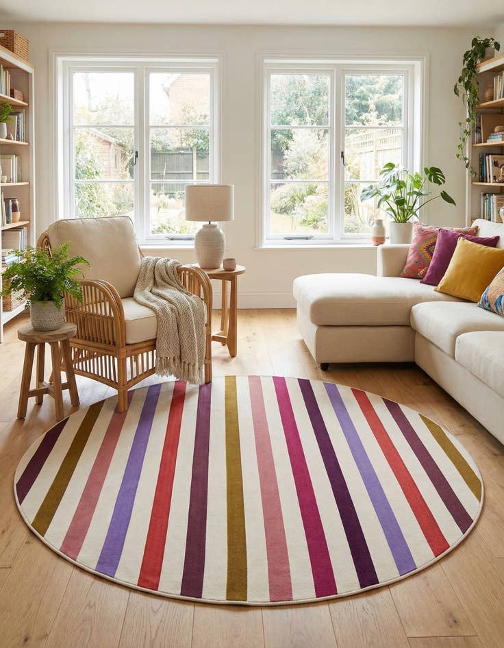 Detail image of 7' 10 x 7' 10  Washable Striped Indoor / Outdoor Round Rug