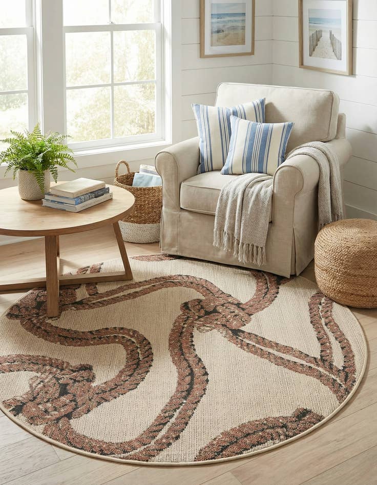Detail image of 5' x 5'  Washable Coastal Indoor / Outdoor Round Rug