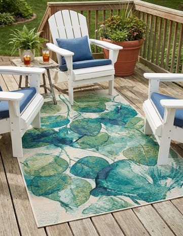 Blue Green Easy-Clean Botanical Indoor / Outdoor Rug