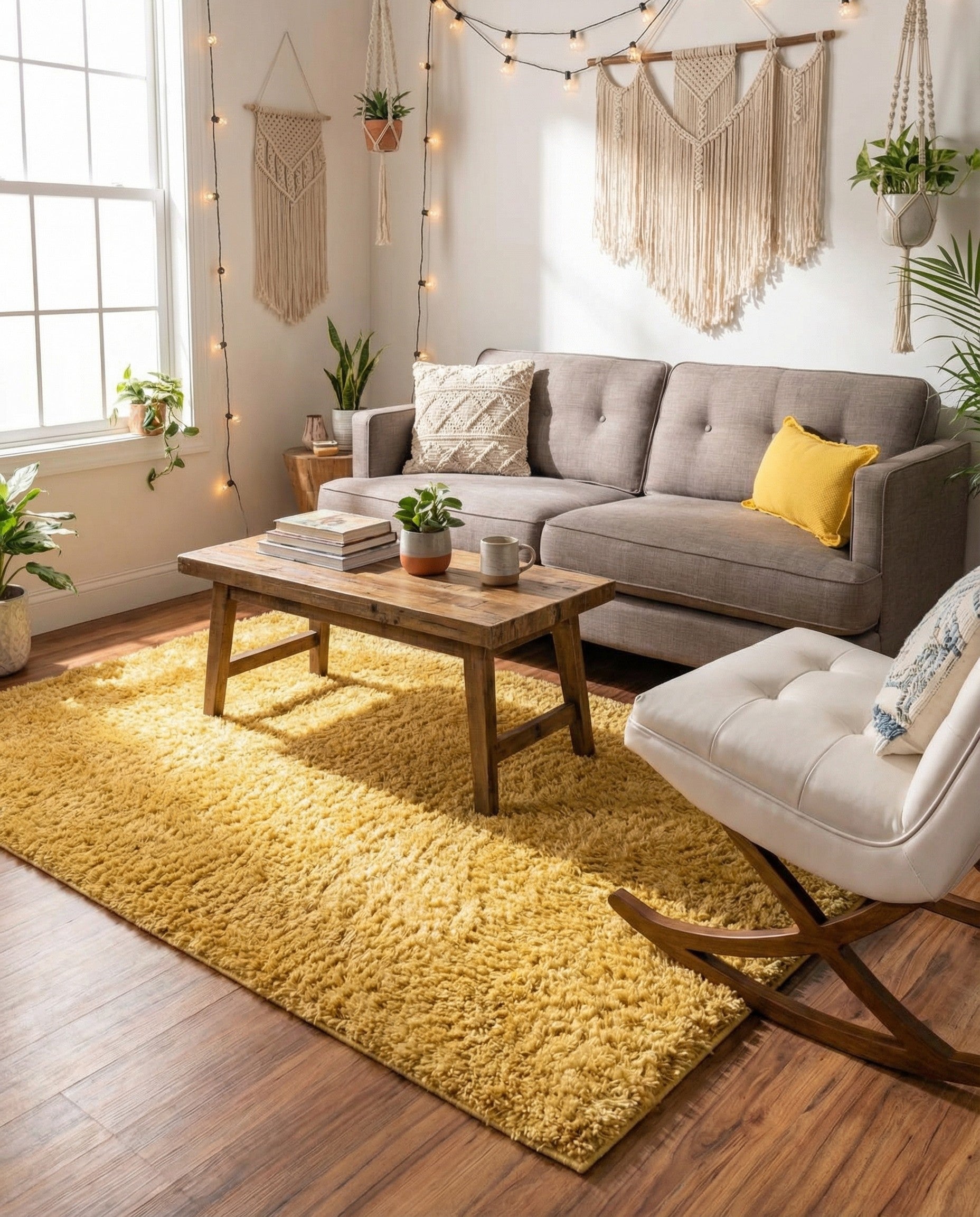 A rectangular 7x10 yellow shag rug with a soft, textured pile, perfect for a modern living room.