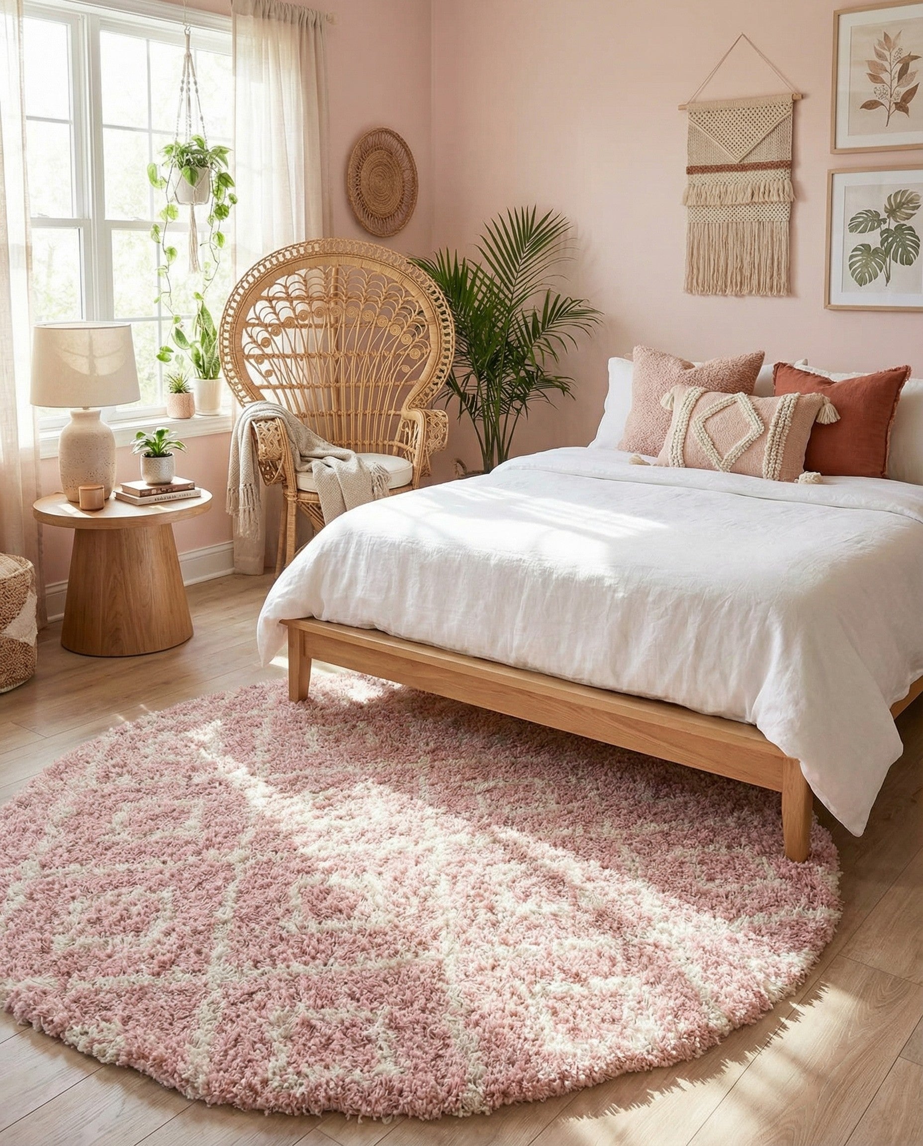 A 6' 0 x 6' 0 round pink shag rug with a subtle cream modern lattice pattern, suitable for indoor spaces.