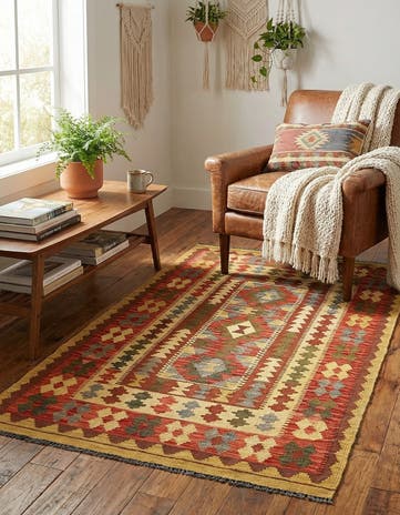 3' 3 x 6' 5 Hand Woven Kilim Maymana Wool Rug