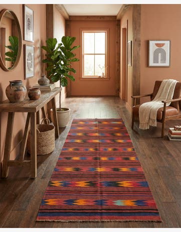 4' 1 x 9' 9 Hand Woven Kilim Afghan Wool Runner Rug