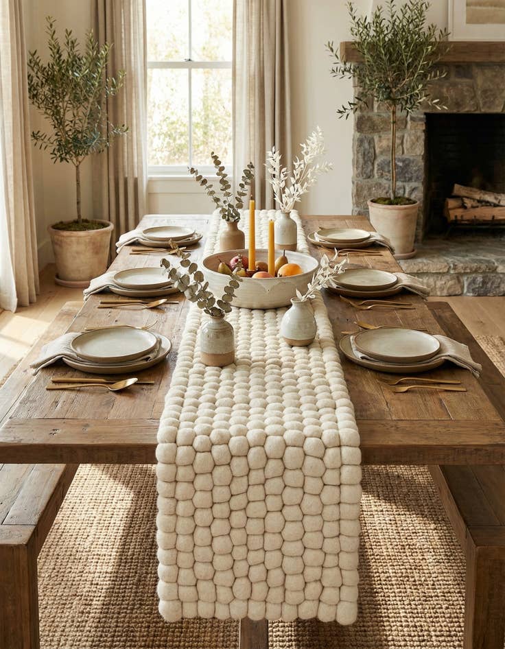 Detail image of 1' 2 x 6' 1  Hand Woven Felt Ball Wool Table Runner Rug