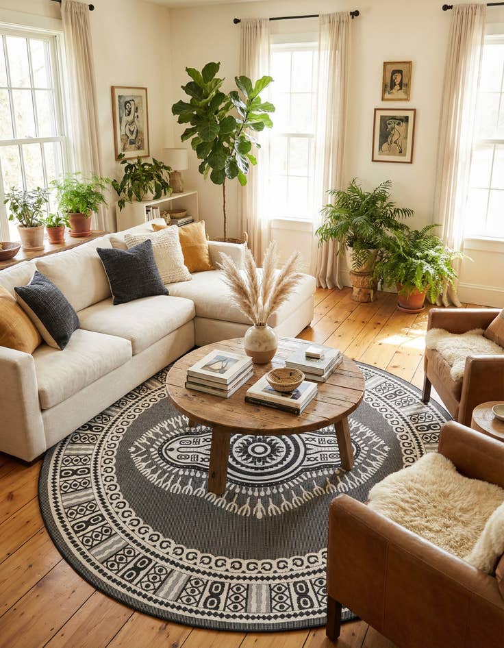Detail image of 12' x 12'  Washable Traditional Indoor / Outdoor Round Rug