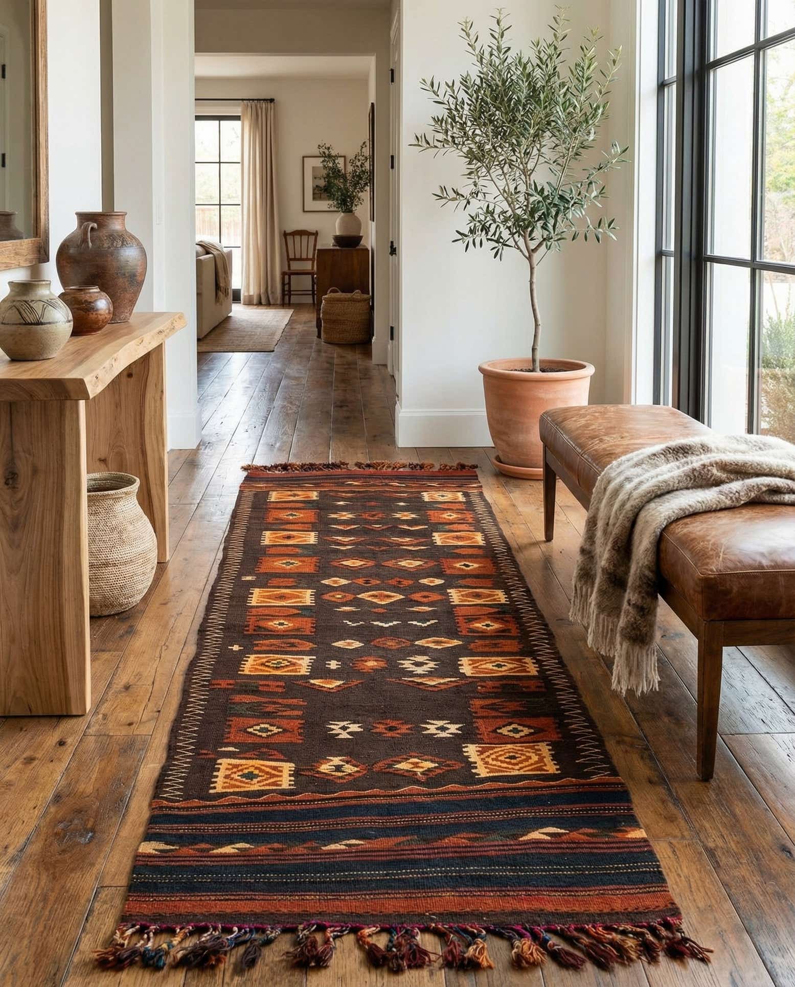 100cm x 380cm Hand Woven Kilim Fars Wool Runner Rug