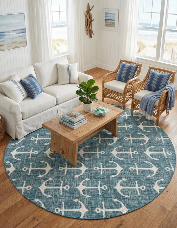Detail image of 10' x 10'  Washable Coastal Indoor / Outdoor Round Rug