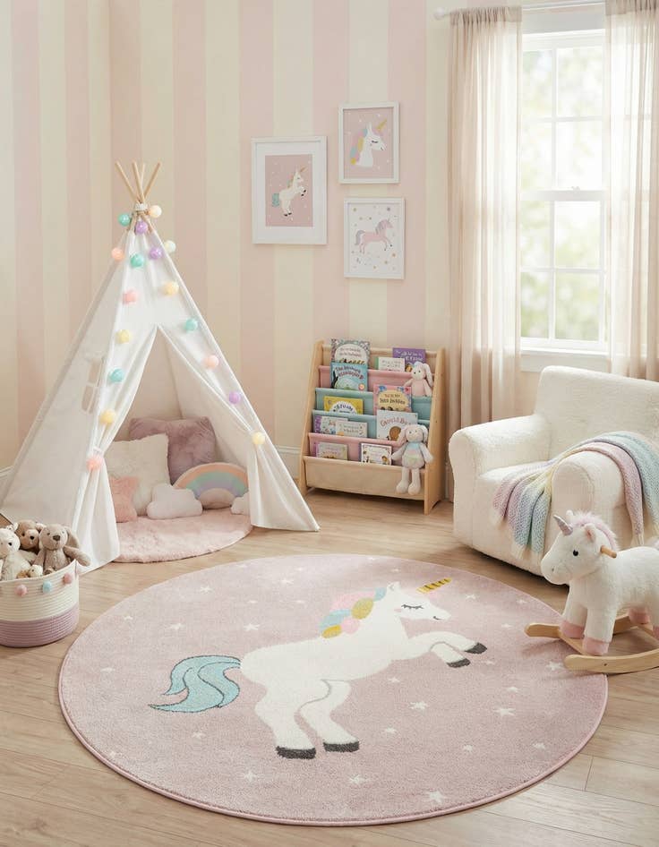 Detail image of 5' 3 x 5' 3 Unicorn Whimsy Kids Round Rug