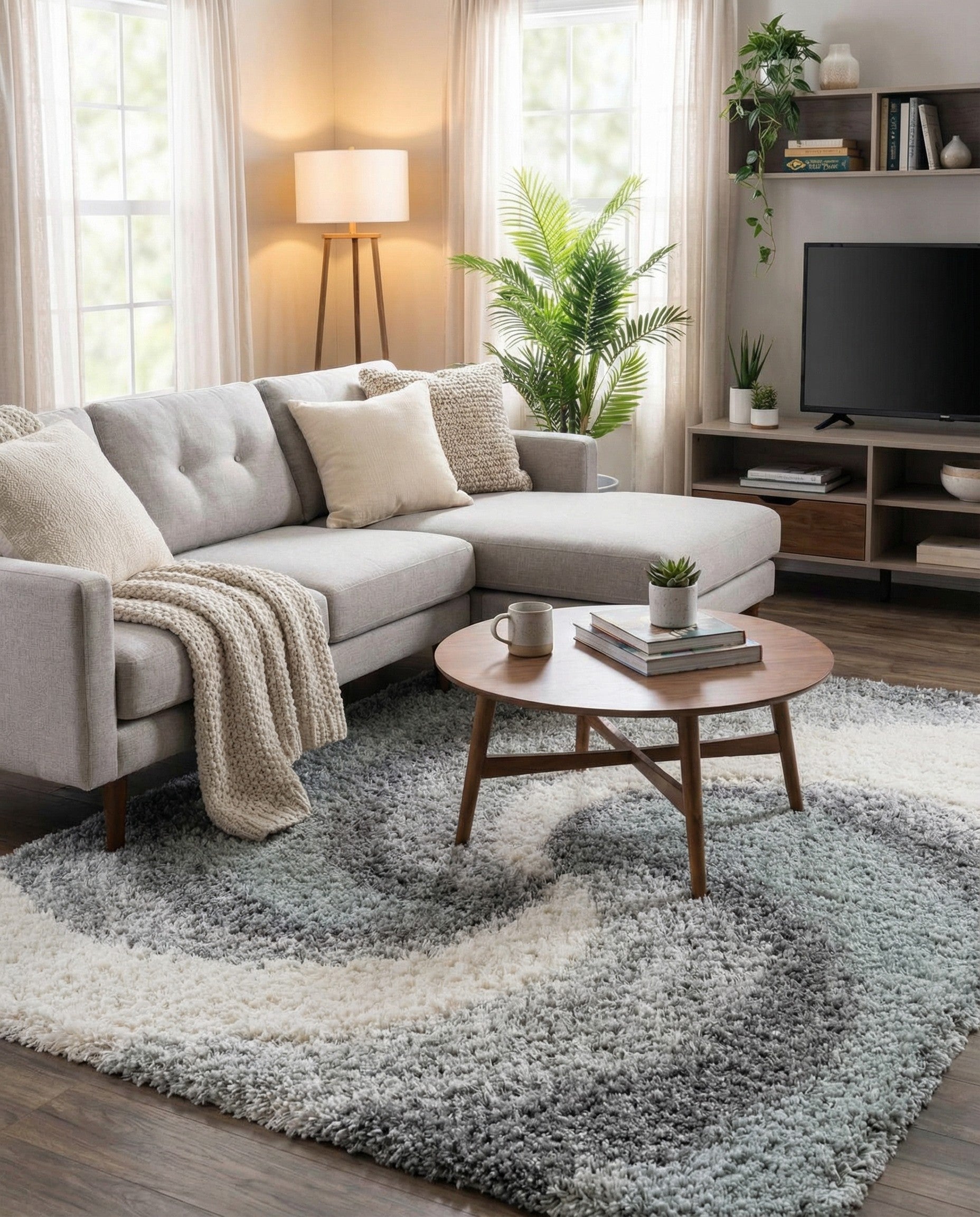 A 5x8 rectangular Soft Touch Shag rug featuring an abstract swirl pattern in shades of green, grey, and white.